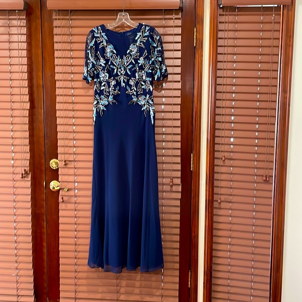 Adrianna Papell navy blue maxi sequenced dress
